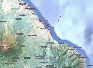 The many shores of Desa Tulamben, with some of our many observations pinned in red.